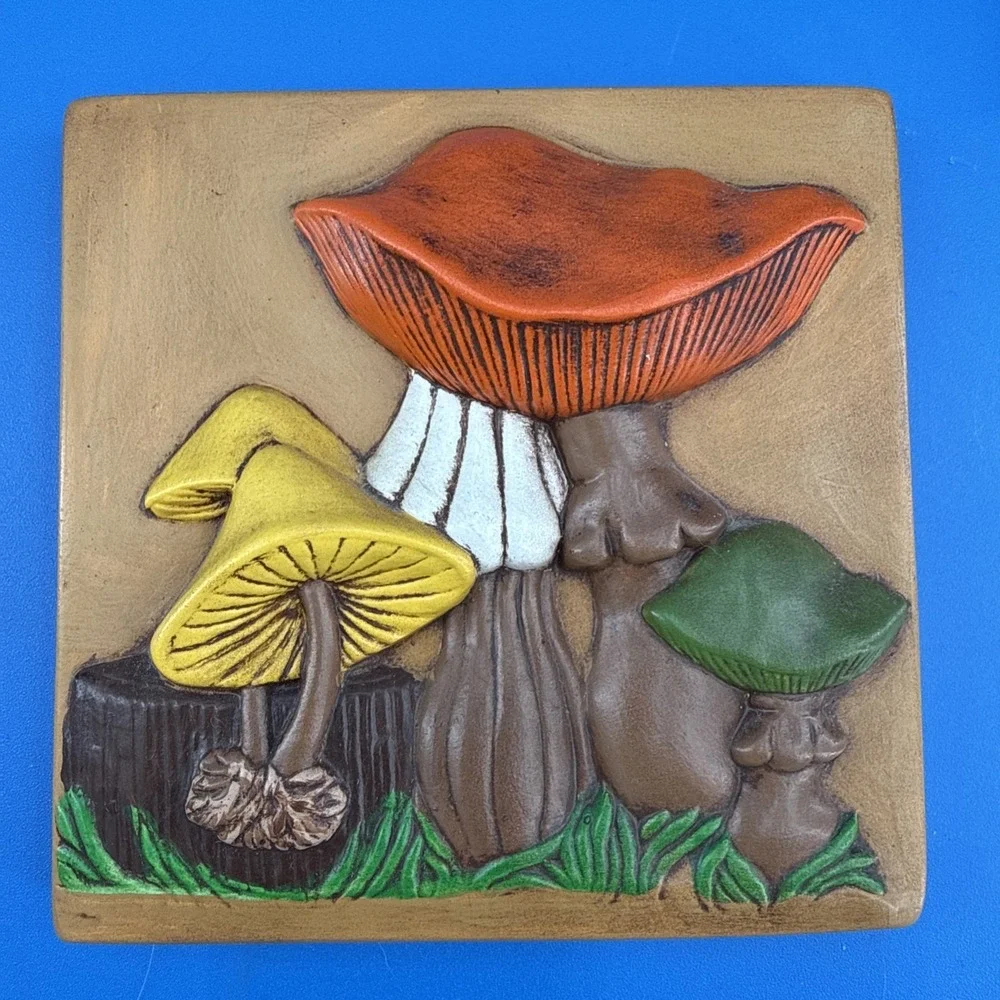 Vtg Lot Of 3 Mushroom Wall Art Hand Painted Orange Plaque 70s Ceramic 3D
